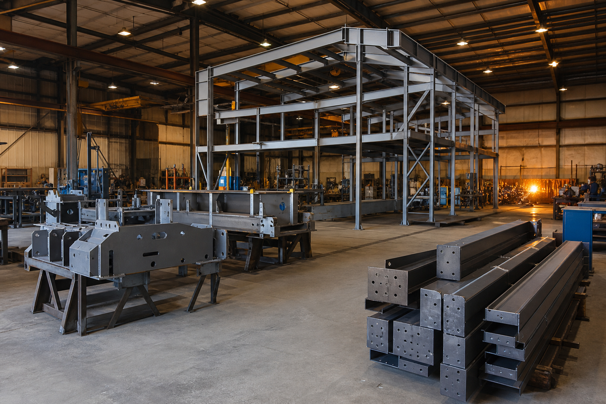 Fabrication workshop with completed steel structures — KHODAK portfolio